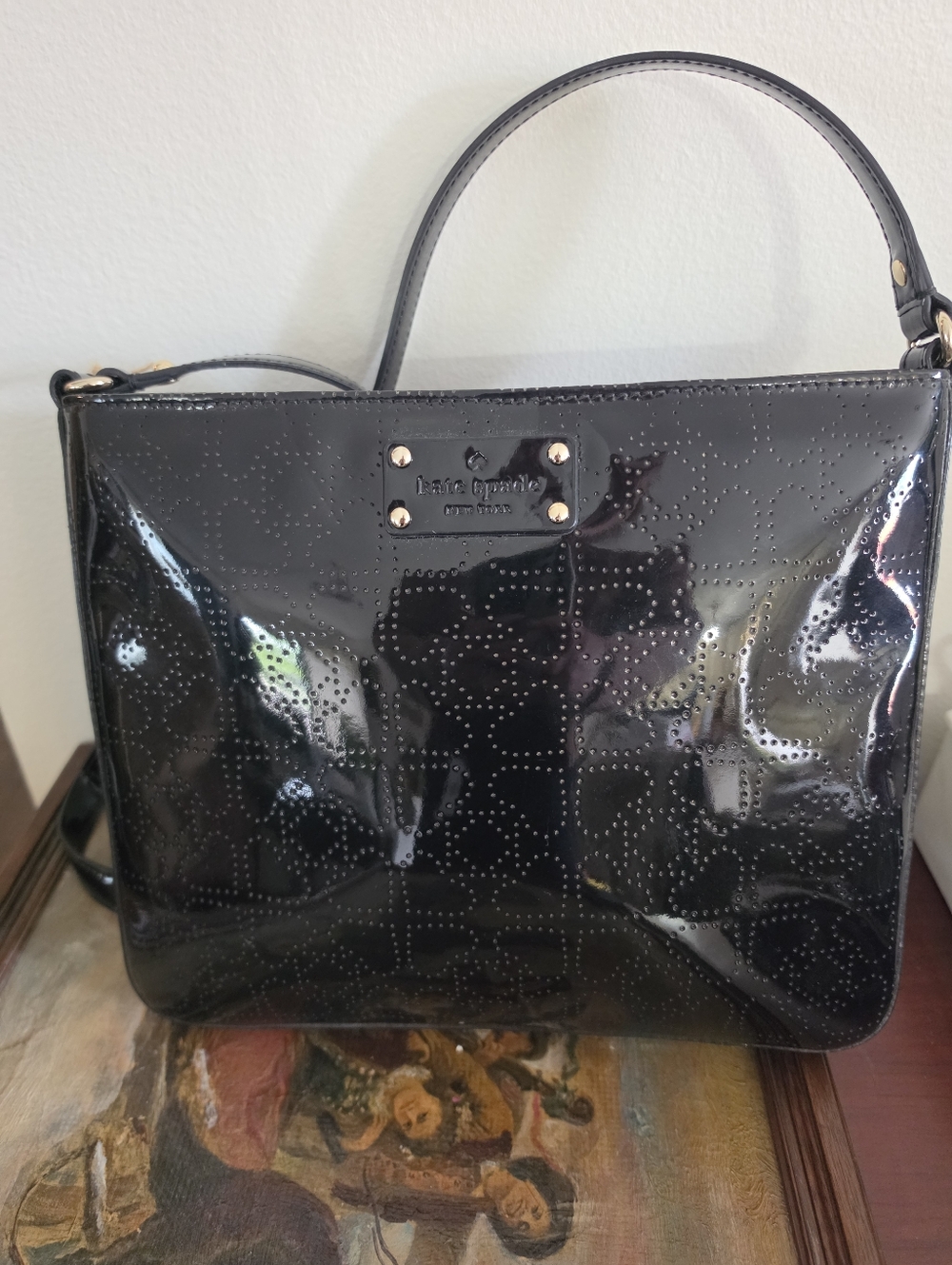 kate spade Black Patent Bag with Beige Monogram Lining
